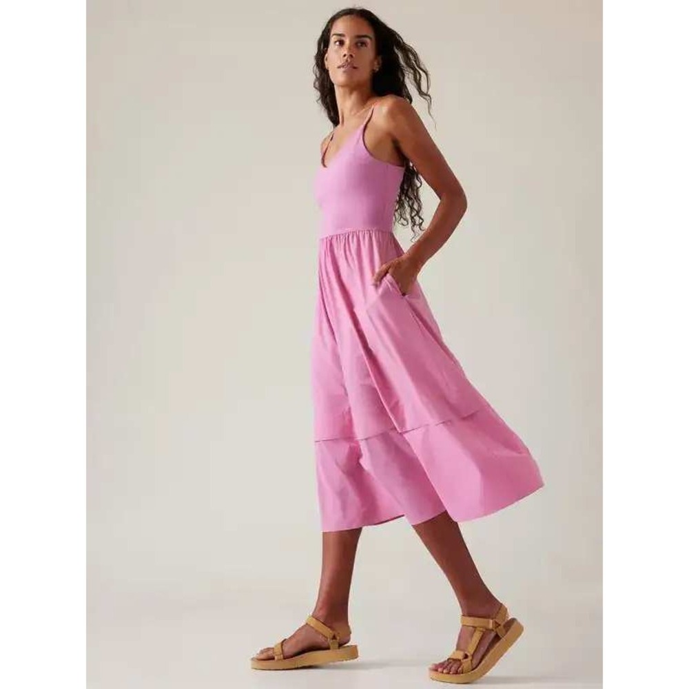 Athleta Elation V Neck Hybrid Dress Sz M Pink Tiered Active Athleisure Midi